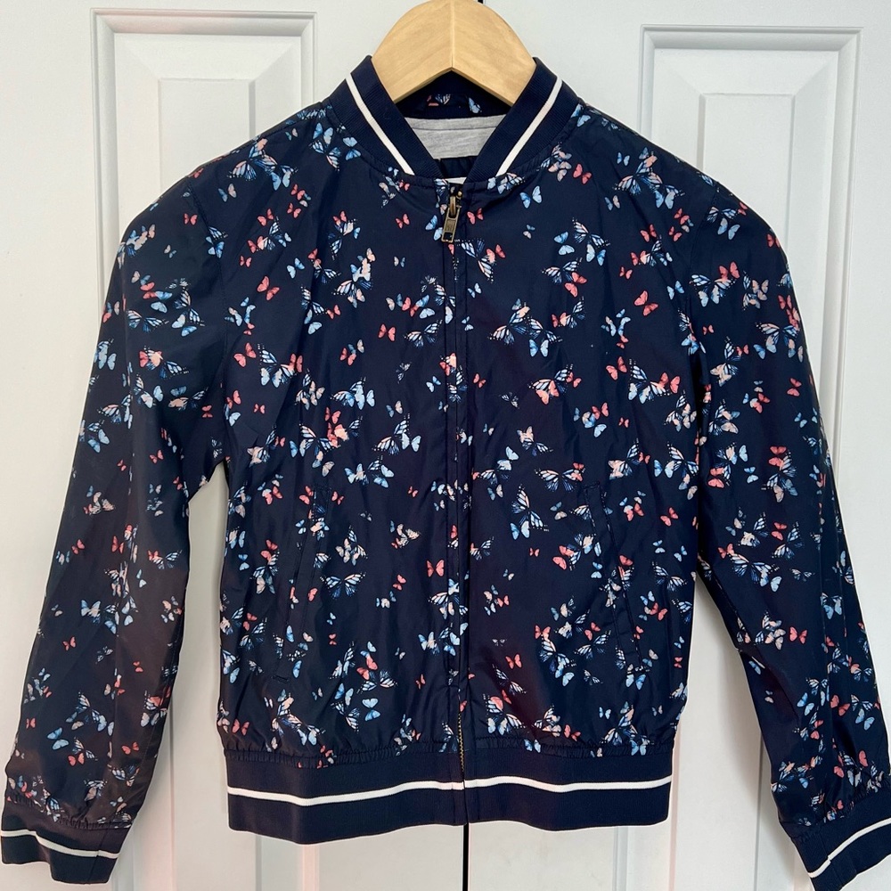 Gap Kids Navy Blue & Butterfly Print Bomber Jacket, Size Girls Medium
